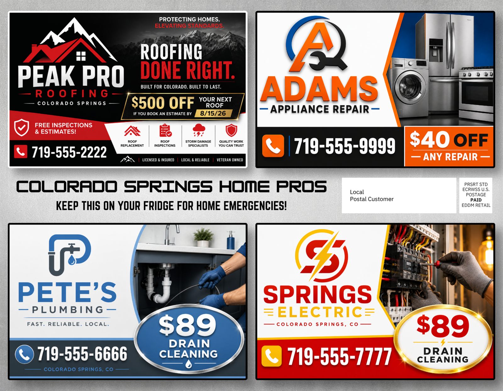 Colorado Springs Home Pros 8.5x11 mailer — front side with four local home service advertisers